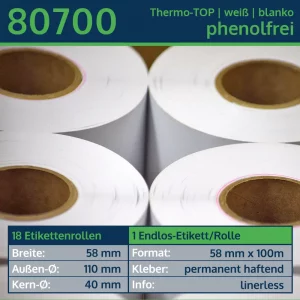 18 Etikettenrollen - Linerless, endlos 58mm x 100m | weiß | permanent | Thermo-TOP