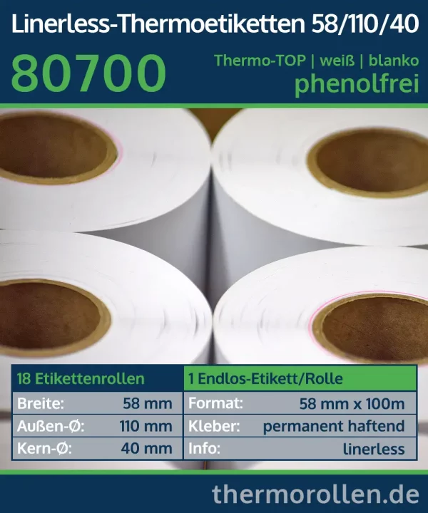18 Etikettenrollen - Linerless, endlos 58mm x 100m | weiß | permanent | Thermo-TOP