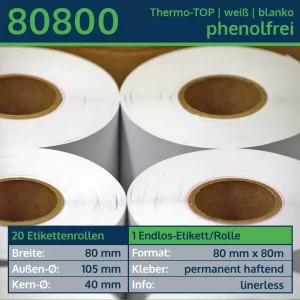 20 Etikettenrollen - Linerless, endlos 80mm x 80m | weiß | permanent | Thermo-TOP