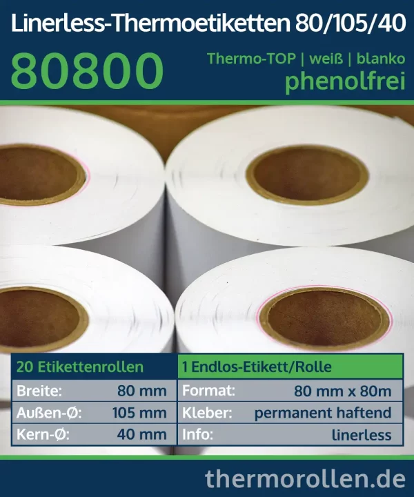 20 Etikettenrollen - Linerless, endlos 80mm x 80m | weiß | permanent | Thermo-TOP