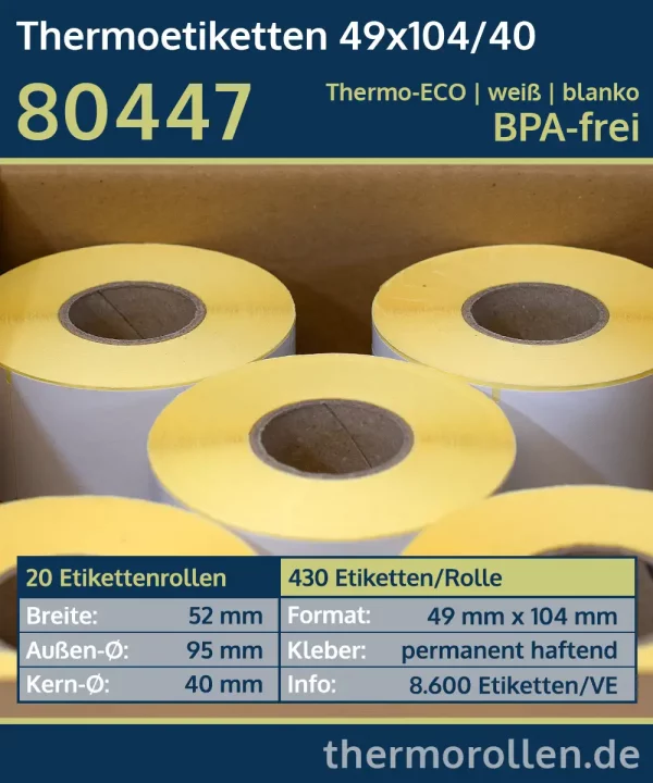 20 Rollen à 430 Thermoetiketten 49x104/40 | weiß | permanent | Thermo-TOP