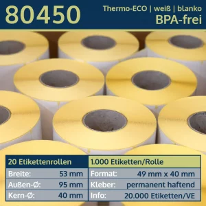 20 Rollen à 1.000 Thermoetiketten 49x40/40 | weiß | permanent | Thermo-ECO