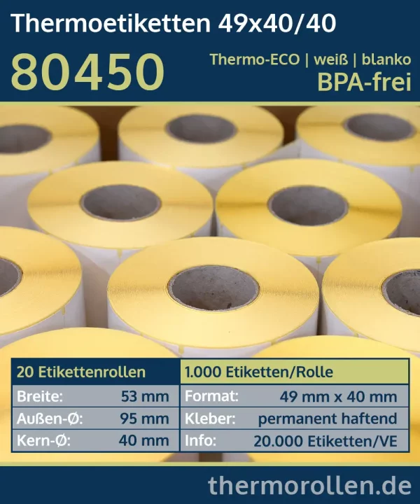 20 Rollen à 1.000 Thermoetiketten 49x40/40 | weiß | permanent | Thermo-ECO