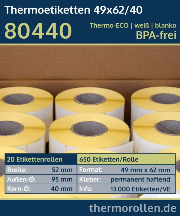 20 Rollen à 650 Thermoetiketten 49x62/40 | weiß | permanent | Thermo-TOP