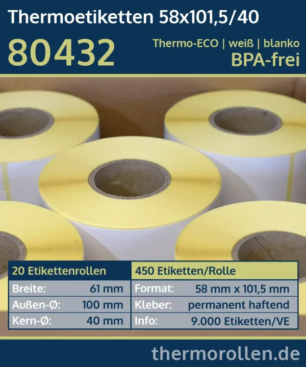 20 Rollen à 450 Thermoetiketten 58x101,5/40 | weiß | permanent | Thermo-ECO