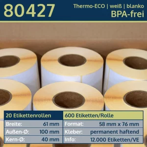 20 Rollen à 600 Thermoetiketten 58x76/40 | weiß | permanent | Thermo-ECO