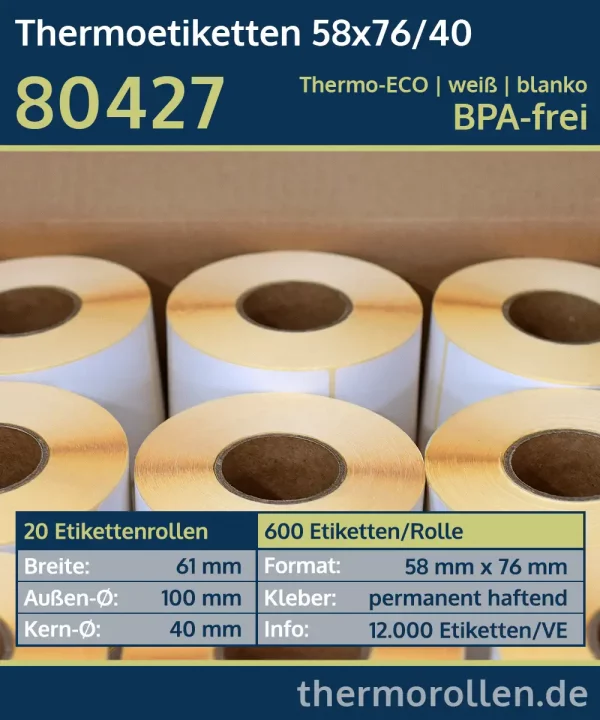 20 Rollen à 600 Thermoetiketten 58x76/40 | weiß | permanent | Thermo-ECO