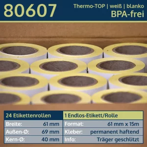 24 Etikettenrollen - endlos 61mm x 40m | weiß | permanent | Thermo-TOP