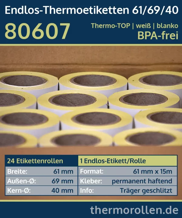 24 Etikettenrollen - endlos 61mm x 40m | weiß | permanent | Thermo-TOP