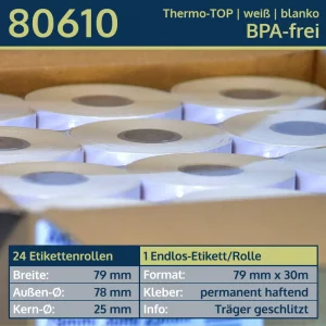 24 Etikettenrollen - endlos 79mm x 30m | weiß | permanent | Thermo-TOP