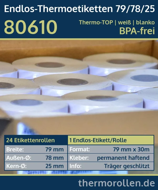 24 Etikettenrollen - endlos 79mm x 30m | weiß | permanent | Thermo-TOP