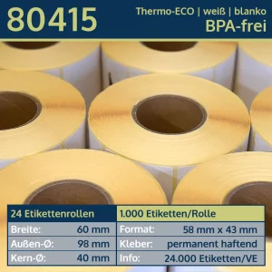 24 Rollen à 1.000 Thermoetiketten 58x43/40 | weiß | permanent | Thermo-ECO