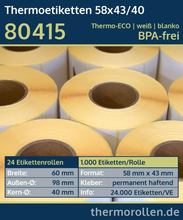 24 Rollen à 1.000 Thermoetiketten 58x43/40 | weiß | permanent | Thermo-ECO