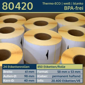 24 Rollen à 850 Thermoetiketten 58x53/40 | weiß | permanent | Thermo-ECO