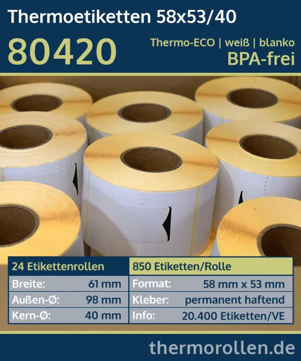 24 Rollen à 850 Thermoetiketten 58x53/40 | weiß | permanent | Thermo-ECO