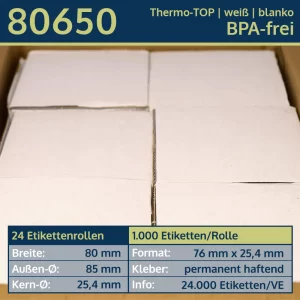 24 Rollen à 1.000 Thermoetiketten 76x25,4/25,4 | weiß | permanent | Thermo-TOP