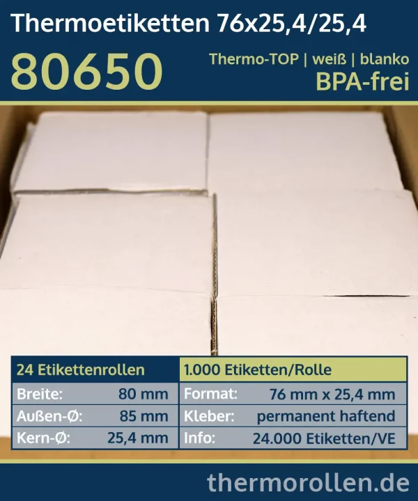 24 Rollen à 1.000 Thermoetiketten 76x25,4/25,4 | weiß | permanent | Thermo-TOP