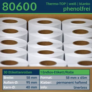 30 Etikettenrollen - Linerless, endlos 58mm x 65m | weiß | permanent | Thermo-TOP