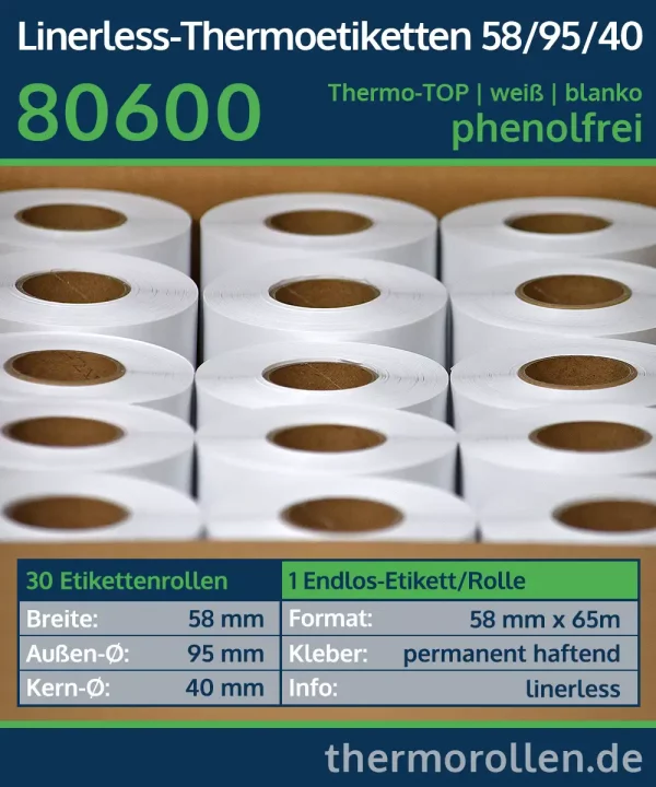 30 Etikettenrollen - Linerless, endlos 58mm x 65m | weiß | permanent | Thermo-TOP