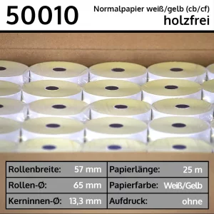 50 doppellagige Bonrollen 57 65 13,3 weiß/gelb aus Normalpapier | holzfrei