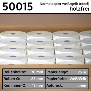 50 doppellagige Bonrollen 70 65 12 weiß/gelb aus Normalpapier | holzfrei