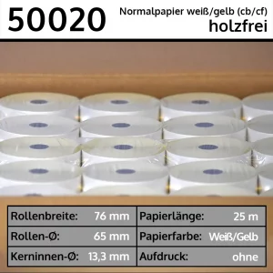 50 doppellagige Bonrollen 76 65 13,3 weiß/gelb aus Normalpapier | holzfrei