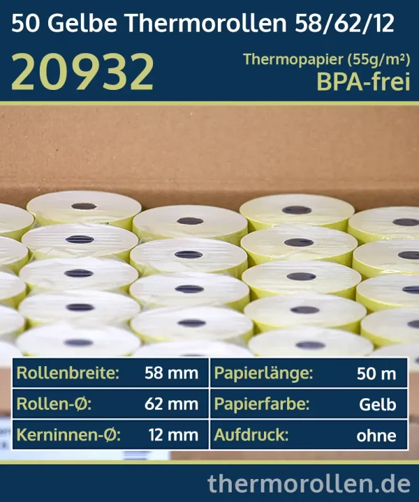 50 gelbe Thermorollen 58 62 12 blanko | BPA-frei