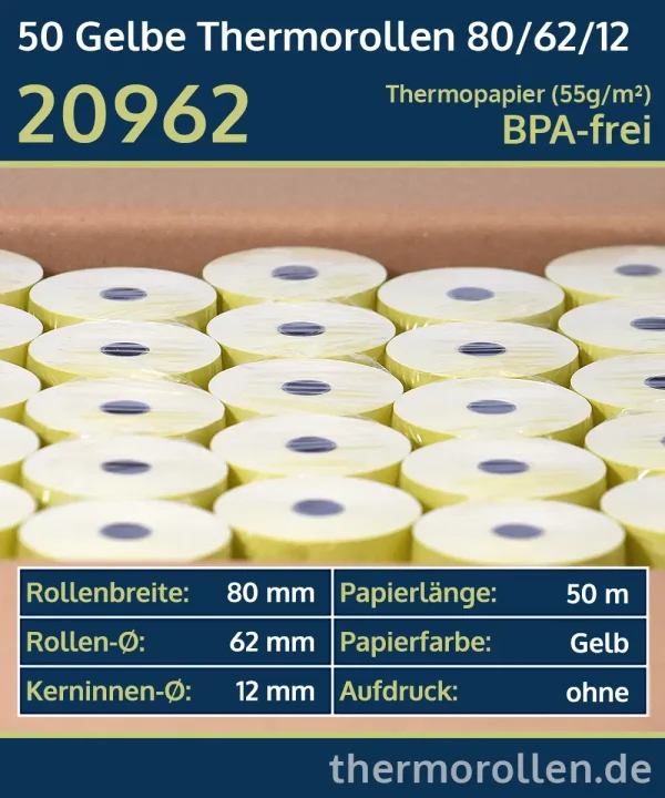 50 gelbe Thermorollen 80 62 12 blanko | BPA-frei