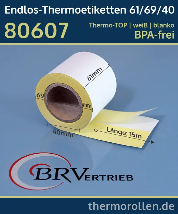 Endlos-Thermoetiketten 61mm x 40m | weiß | blanko | permanent | Thermo-TOP