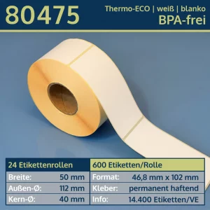 600 Thermoetiketten 46,8x102/40 | weiß | blanko | permanent | Thermo-ECO