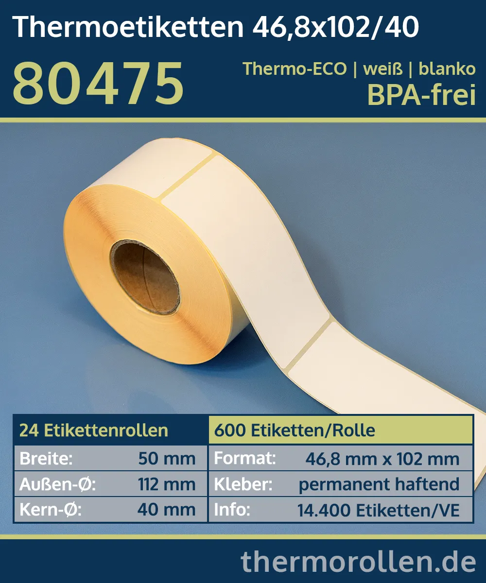 600 Thermoetiketten 46,8x102/40 | weiß | blanko | permanent | Thermo-ECO