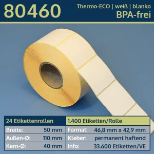 1.400 Thermoetiketten 46,8x42,9/40 | weiß | blanko | permanent | Thermo-ECO