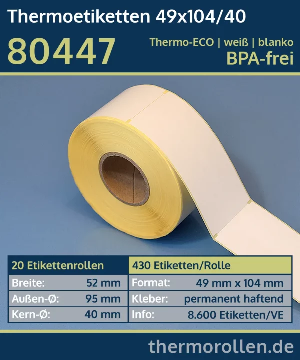 430 Thermoetiketten 49x104/40 | weiß | blanko | permanent | Thermo-TOP