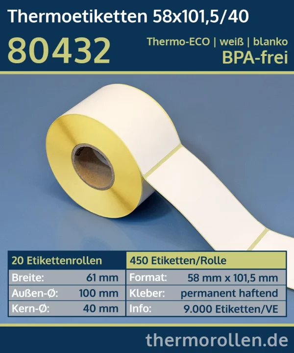 450 Thermoetiketten 58x101,5/40 | weiß | blanko | permanent | Thermo-ECO