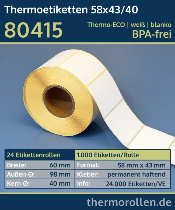 1.000 Thermoetiketten 58x43/40 | weiß | blanko | permanent | Thermo-ECO