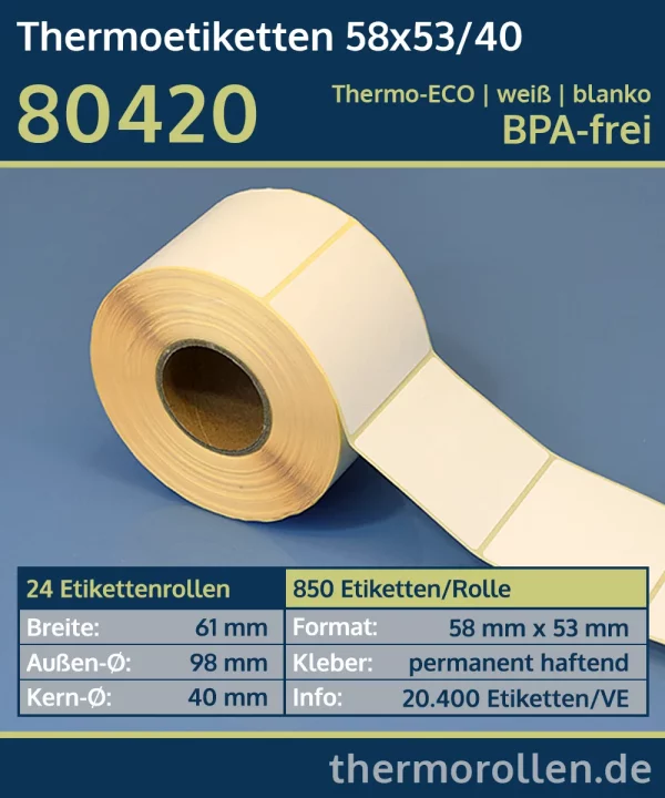 850 Thermoetiketten 58x53/40 | weiß | blanko | permanent | Thermo-ECO