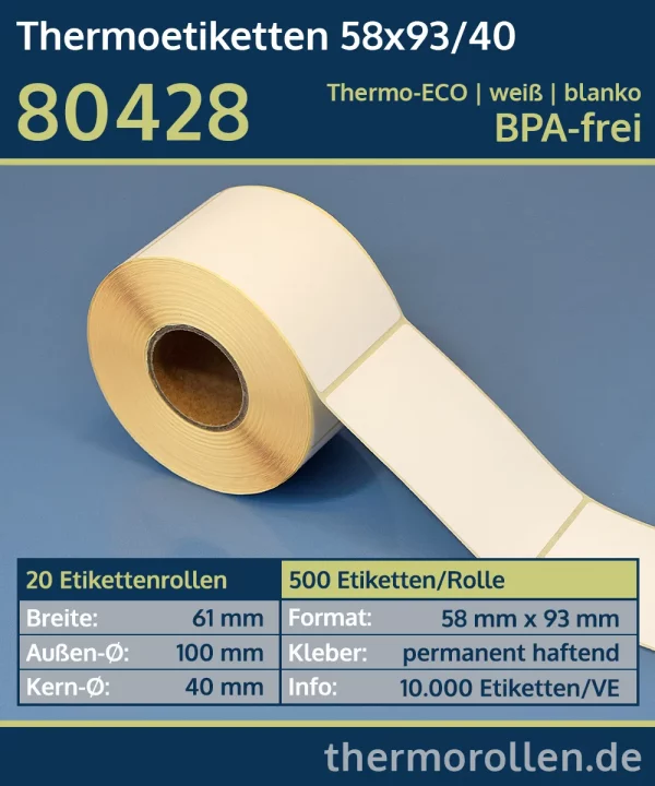 500 Thermoetiketten 58x93/40 | weiß | blanko | permanent | Thermo-ECO