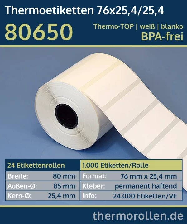 1.000 Thermoetiketten 76x25,4/25,4 | weiß | blanko | permanent | Thermo-TOP