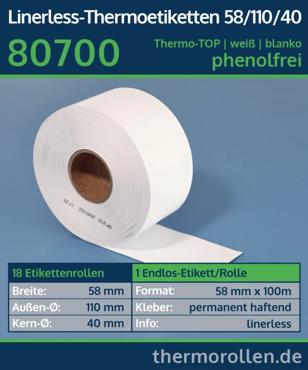 18 Endlosetiketten, linerless 58mm x 100m | weiß | blanko | permanent | Thermo-TOP