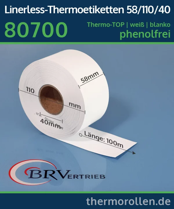 Linerless-Thermoetiketten 58mm x 100m | weiß | blanko | permanent | Thermo-TOP