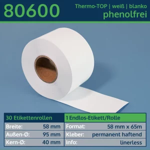 30 Endlosetiketten, linerless 58mm x 65m | weiß | blanko | permanent | Thermo-TOP
