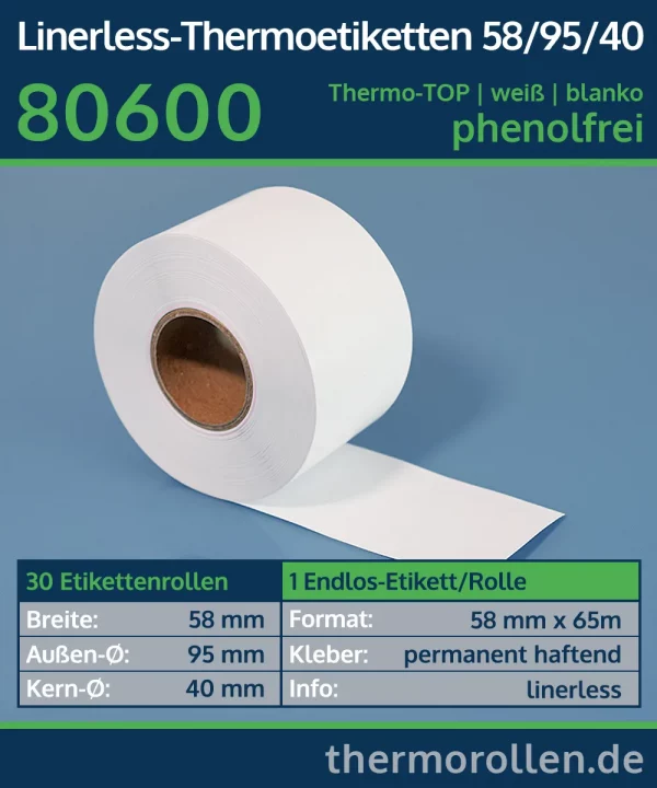 30 Endlosetiketten, linerless 58mm x 65m | weiß | blanko | permanent | Thermo-TOP