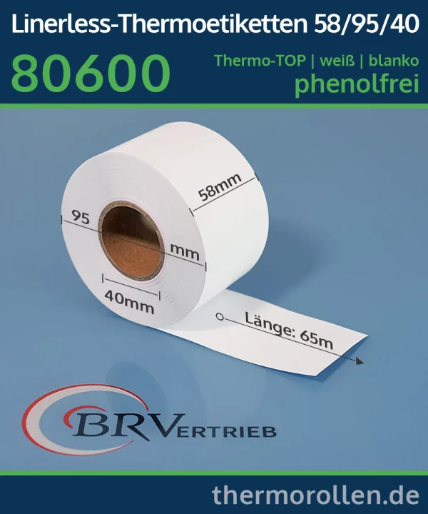 Linerless-Thermoetiketten 58mm x 65m | weiß | blanko | permanent | Thermo-TOP