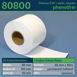 20 Endlosetiketten, linerless 80mm x 80m | weiß | blanko | permanent | Thermo-TOP