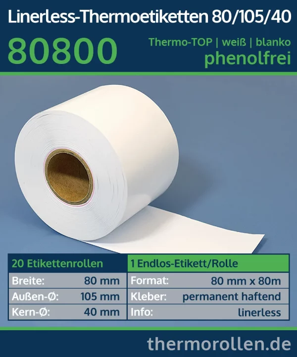 20 Endlosetiketten, linerless 80mm x 80m | weiß | blanko | permanent | Thermo-TOP