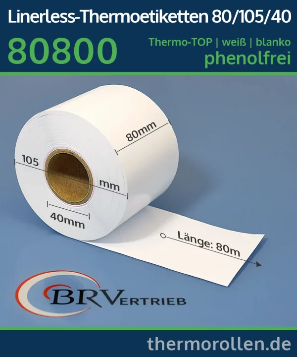 Linerless-Thermoetiketten 80mm x 80m | weiß | blanko | permanent | Thermo-TOP