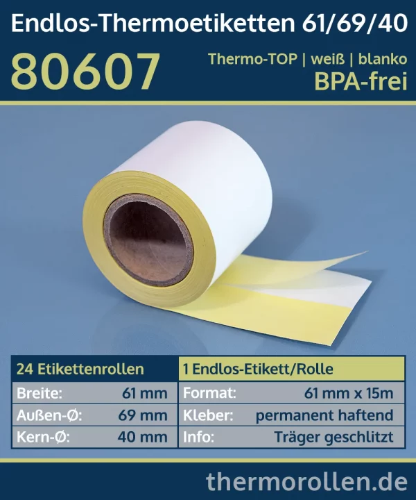 Etiketten, endlos 61mm x 40m | weiß | blanko | permanent | Thermo-TOP
