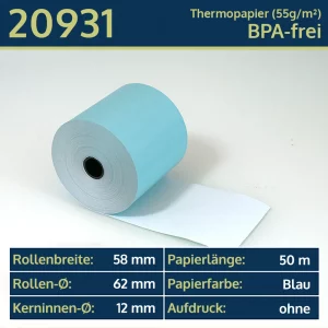 Blaue Thermo-Bonrollen 58 62 12 blanko | BPA-frei