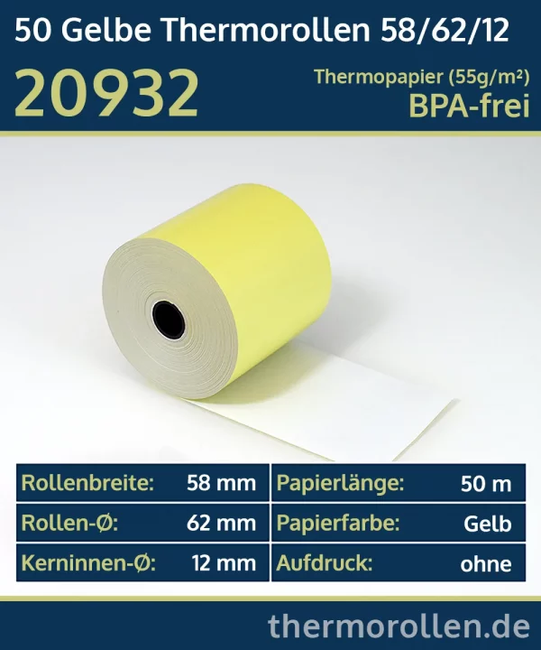 Gelbe Thermo-Bonrollen 58 62 12 blanko | BPA-frei
