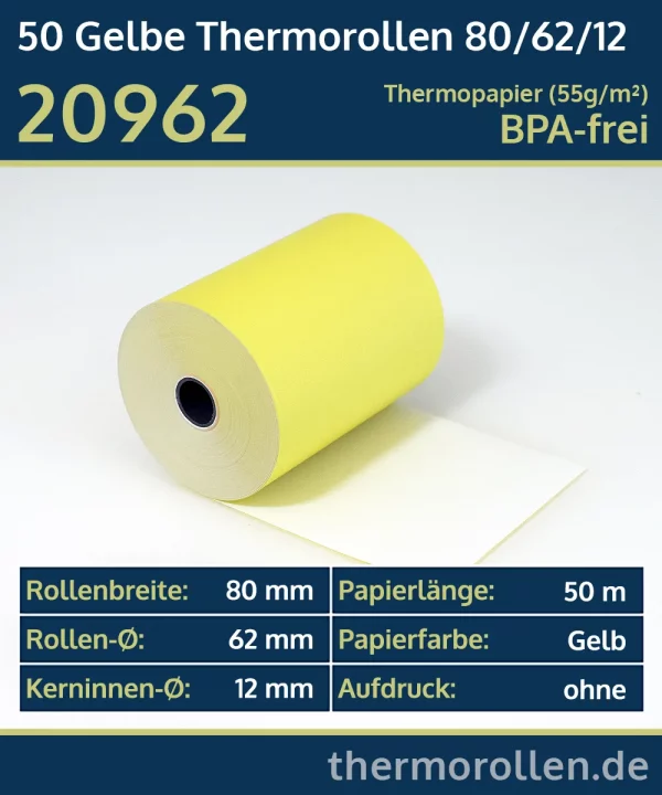 Gelbe Thermo-Bonrollen 80 62 12 blanko | BPA-frei